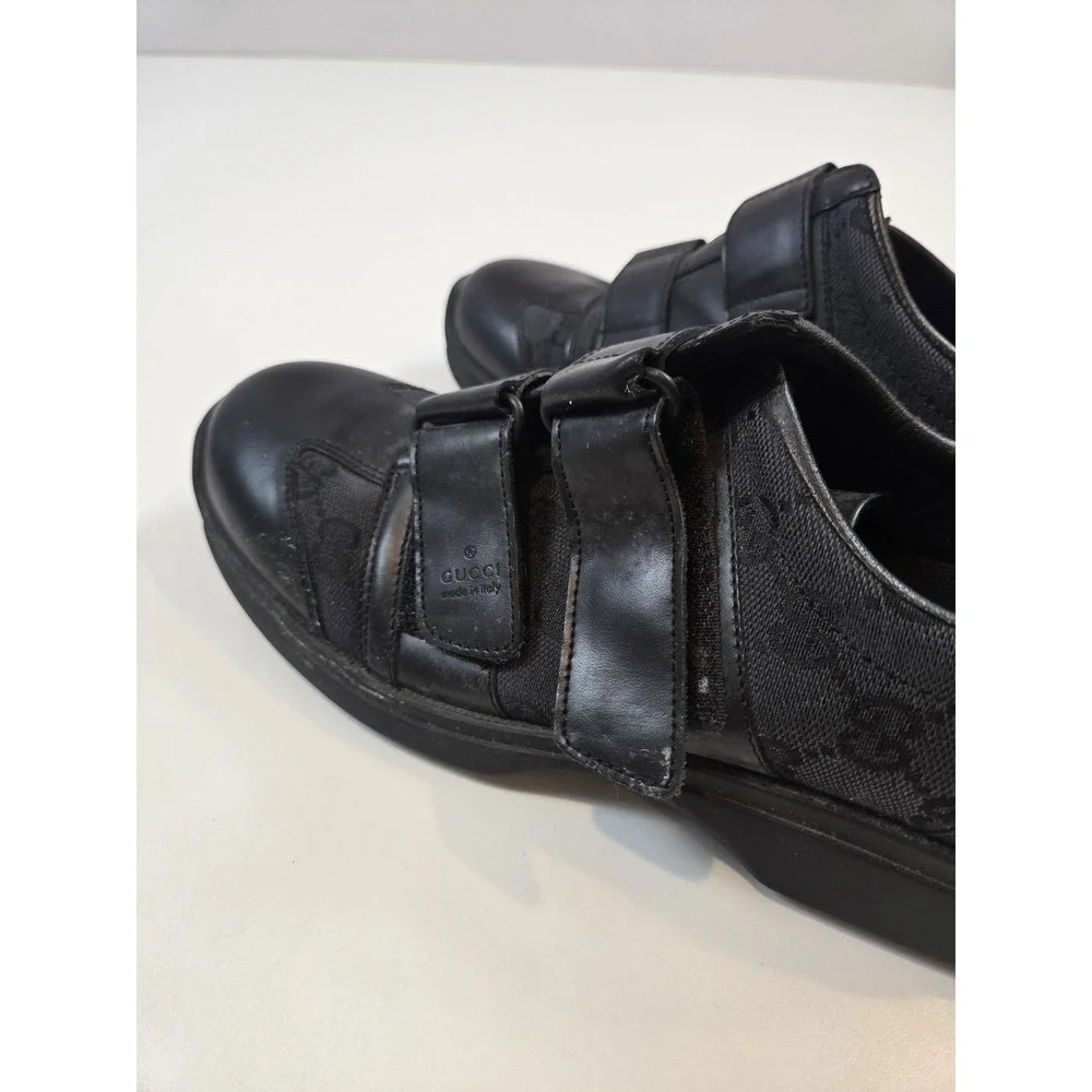 Gucci Shoes Mens Size 7.5 Black Strap Leather Canvas Logo Made In Italy